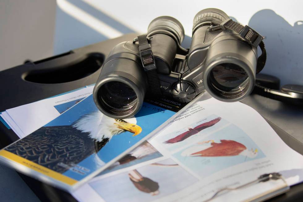 Materials to find and identify eagles sit on the boat during the eagle survey conducted by the ...