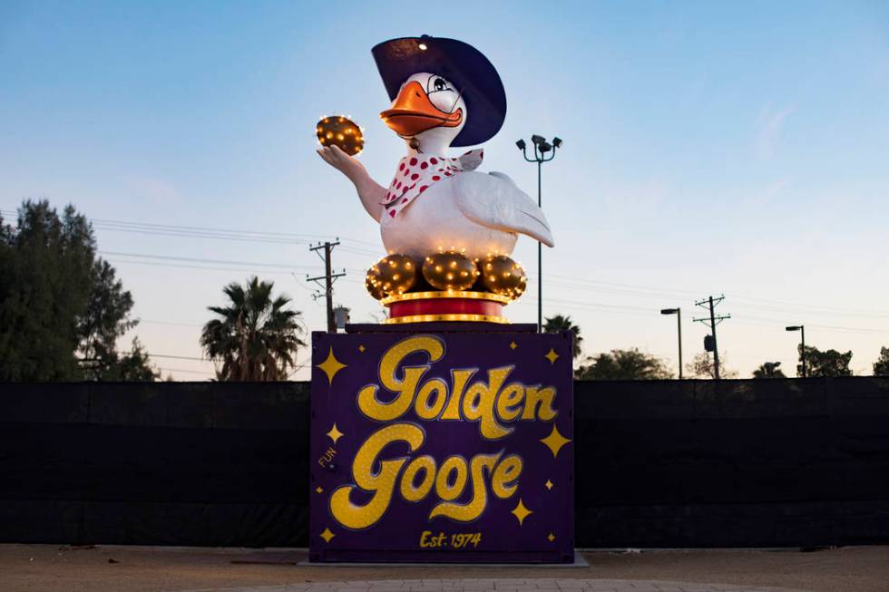 The Golden Goose, a restored YESCO marquee on Fremont and 10th Street in Downtown Las Vegas in ...