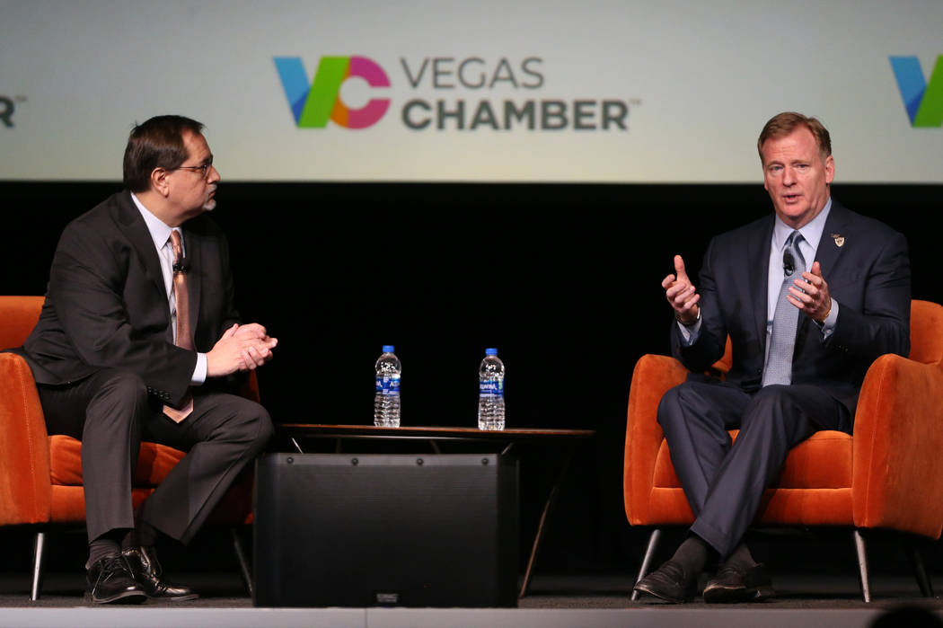 NFL Commissioner Roger Goodell, right, with Las Vegas Review-Journal sports editor Bill Bradley ...
