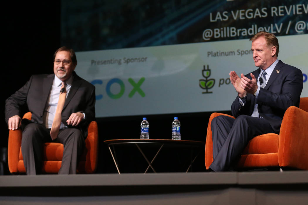 NFL Commissioner Roger Goodell, right, with Las Vegas Review-Journal sports editor Bill Bradley ...