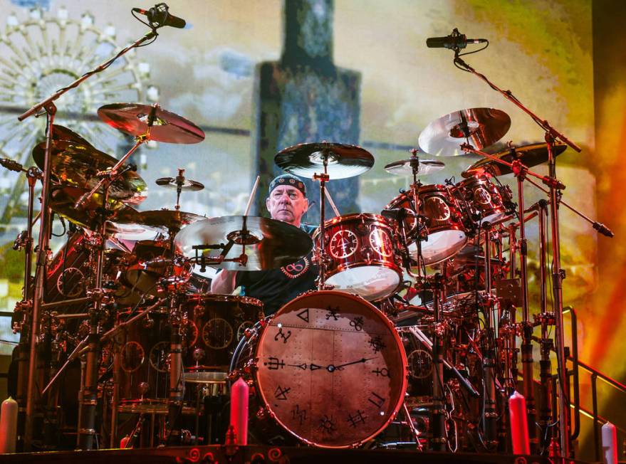 Neil Peart of Rush performing during the the R40 Tour at MGM Grand Garden Arena on July 25, 201 ...