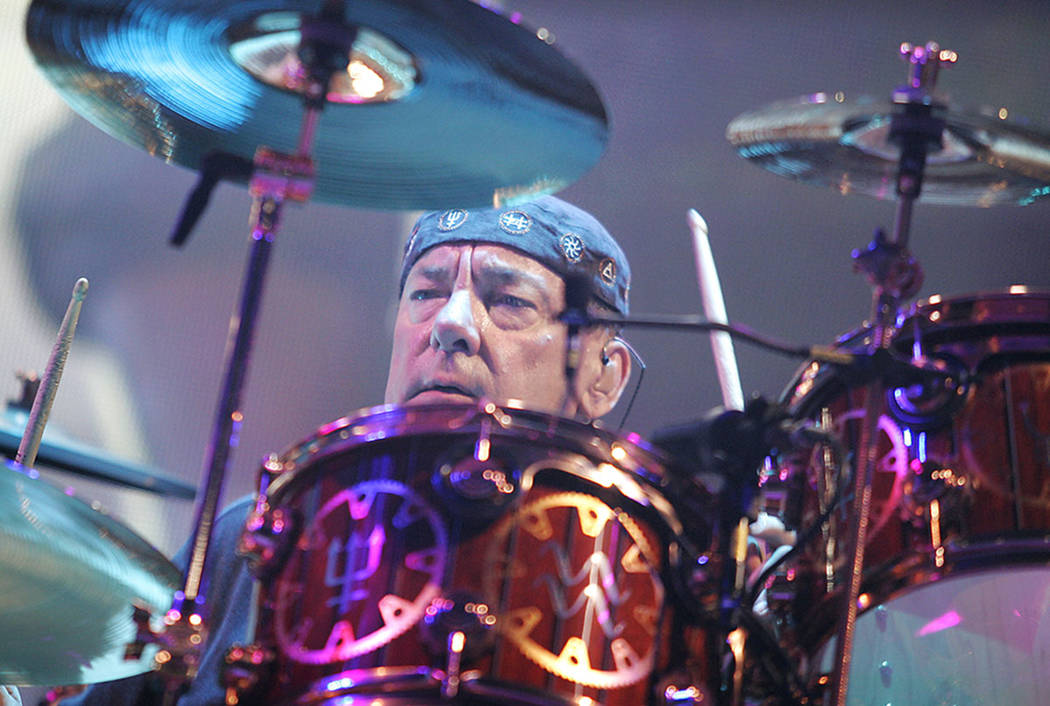 Rush drummer Neil Peart plays during the band's performance at the MGM Grand Garden in Las Vega ...
