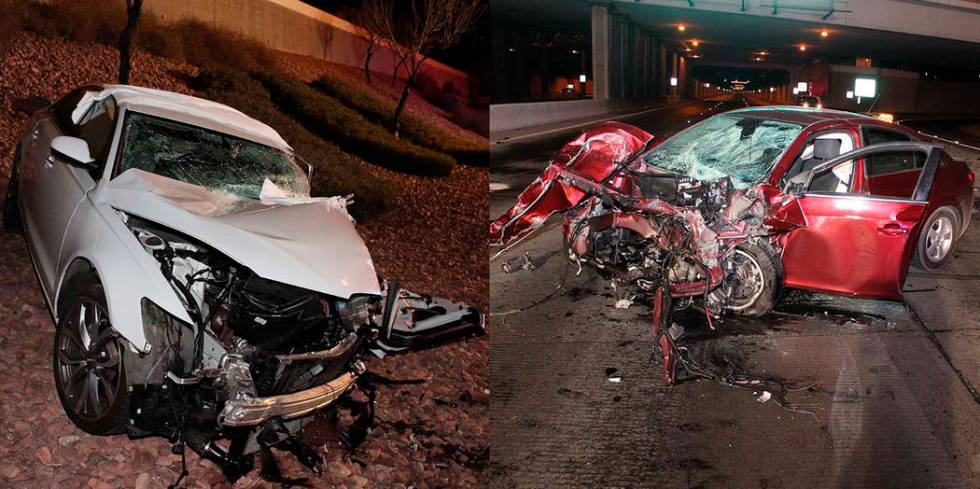 A white Audi and a Chevy Cruz are seen after a crash on the Airport Connector near McCarran Int ...