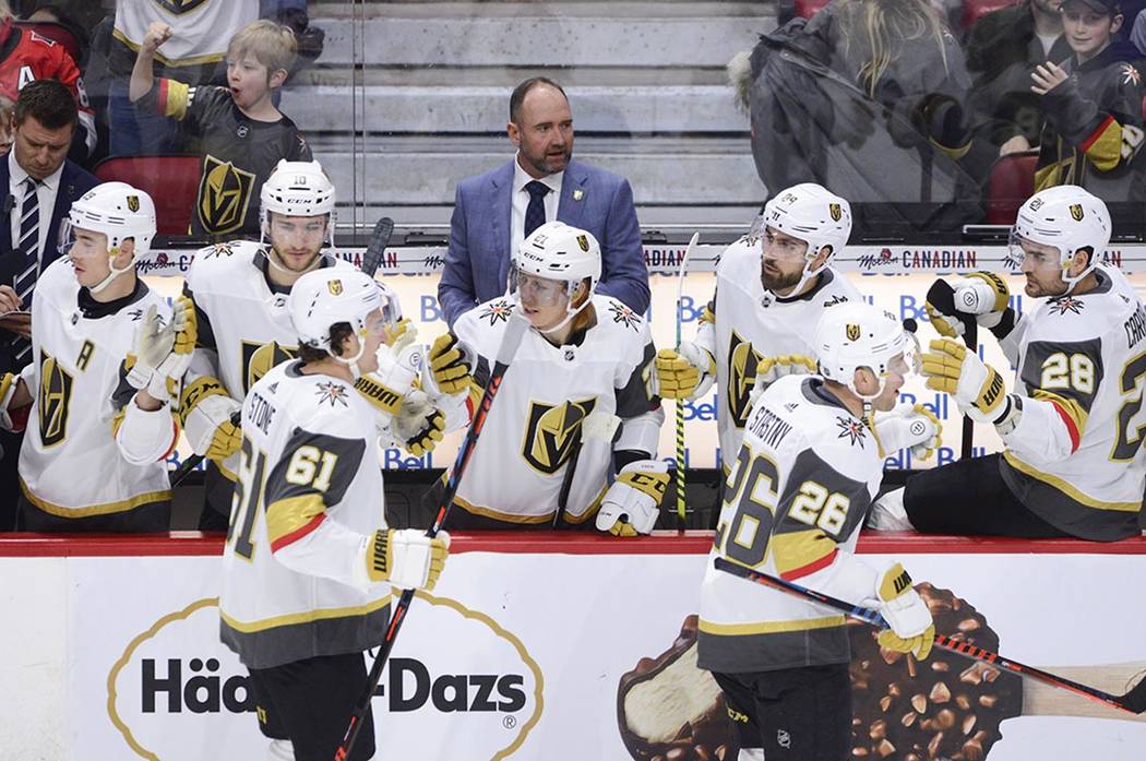 Vegas Golden Knights new head coach Peter DeBoer is seen on the bench as Vegas Golden Knights c ...