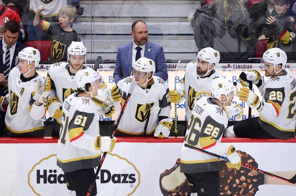 Vegas Golden Knights new head coach Peter DeBoer is seen on the bench as Vegas Golden Knights c ...