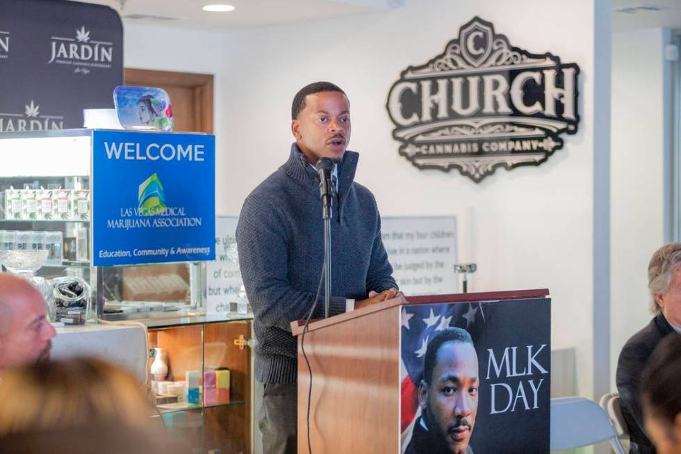 William McCurdy, chairman of the Nevada State Democratic Party, speaks during Jardin Cannabis D ...