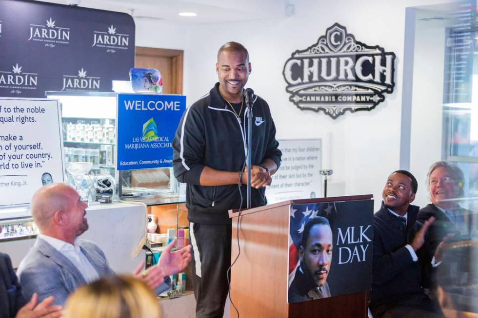 DJ Infamous gives a speech during Jardin Cannabis Dispensary's third annual commemoration for M ...