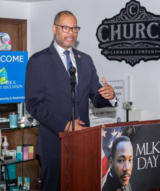 Nevada Attorney General Aaron Ford gives a speech during Jardin Cannabis Dispensary's third ann ...