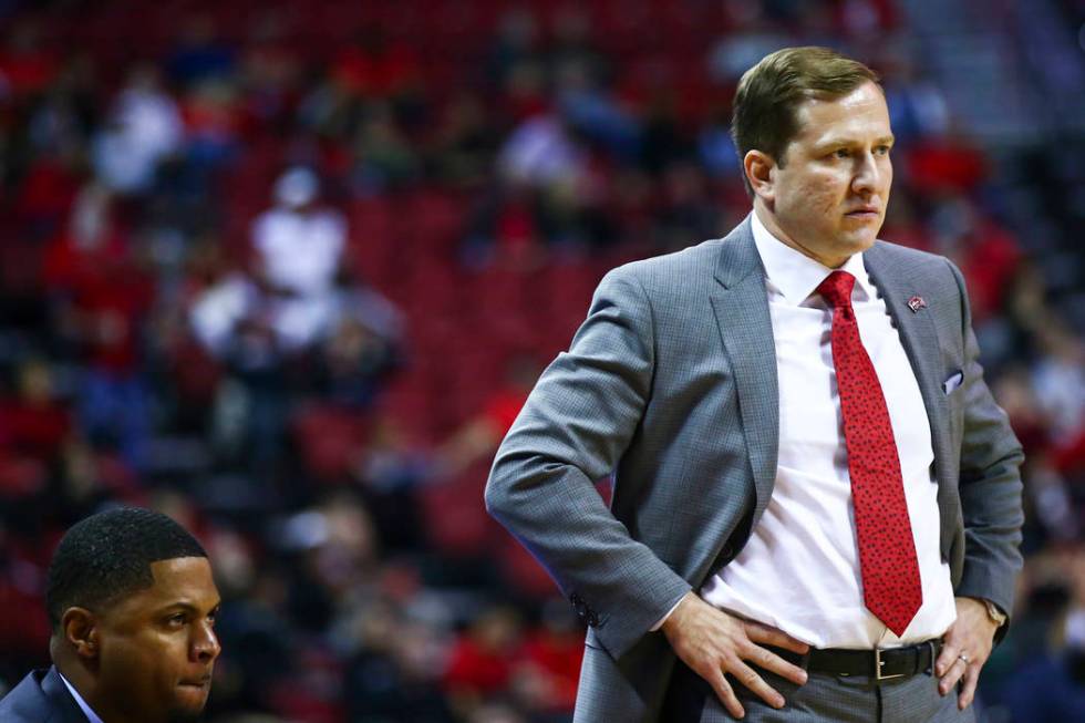 UNLV head coach T.J. Otzelberger looks on during the second half of a basketball game against S ...