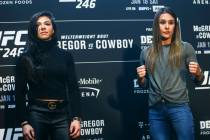 Claudia Gadelha, left, poses with Alexa Grasso during media day ahead of UFC 246, slated for Ja ...