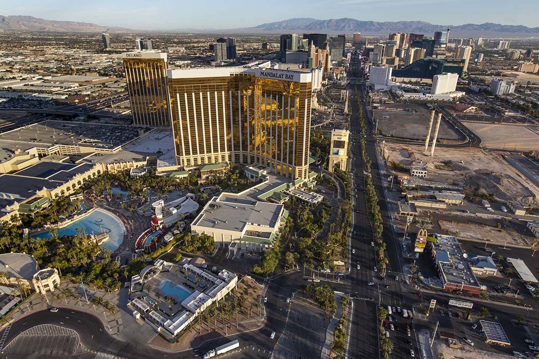 Mandalay Bay and Delano are seen on the Las Vegas Strip during an aerial photo taken Wednesday, ...