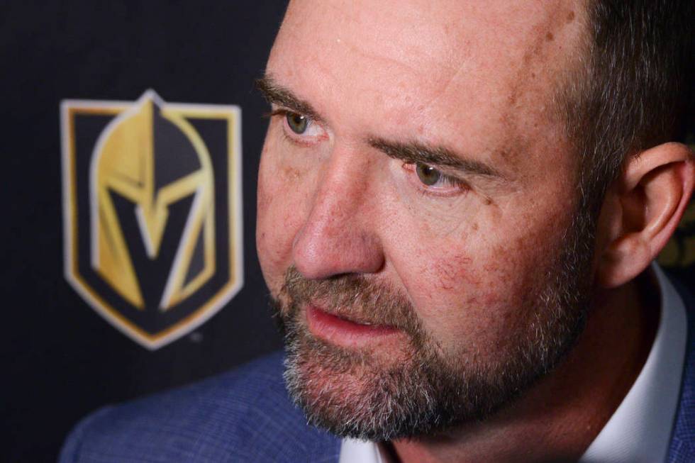 Vegas Golden Knights new head coach Peter DeBoer talks to media after defeating the Ottawa Sena ...