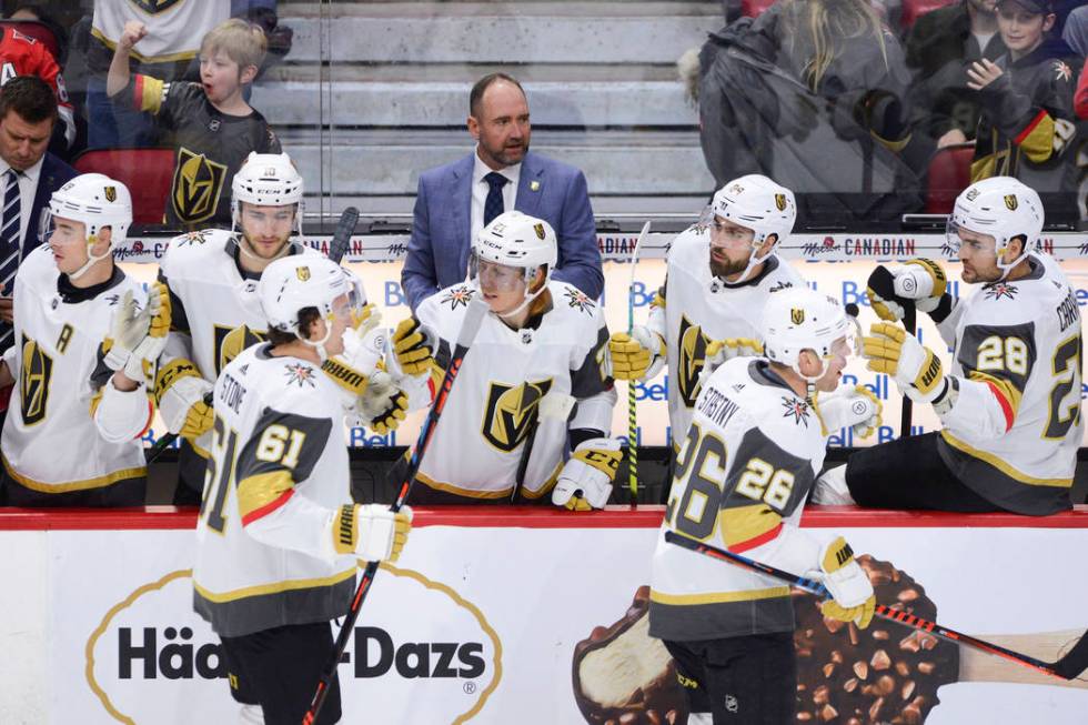 Vegas Golden Knights new head coach Peter DeBoer is seen on the bench as Vegas Golden Knights c ...