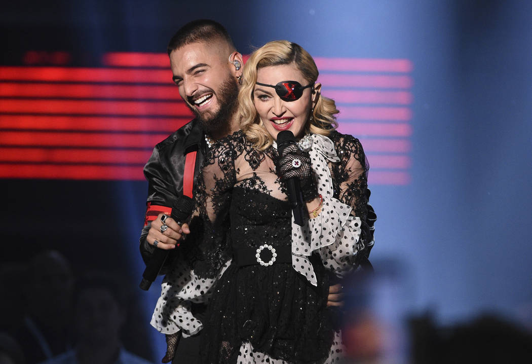 Madonna, shown performing with Maluma on May 1, 2019, at the MGM Grand Garden arena, used an ei ...