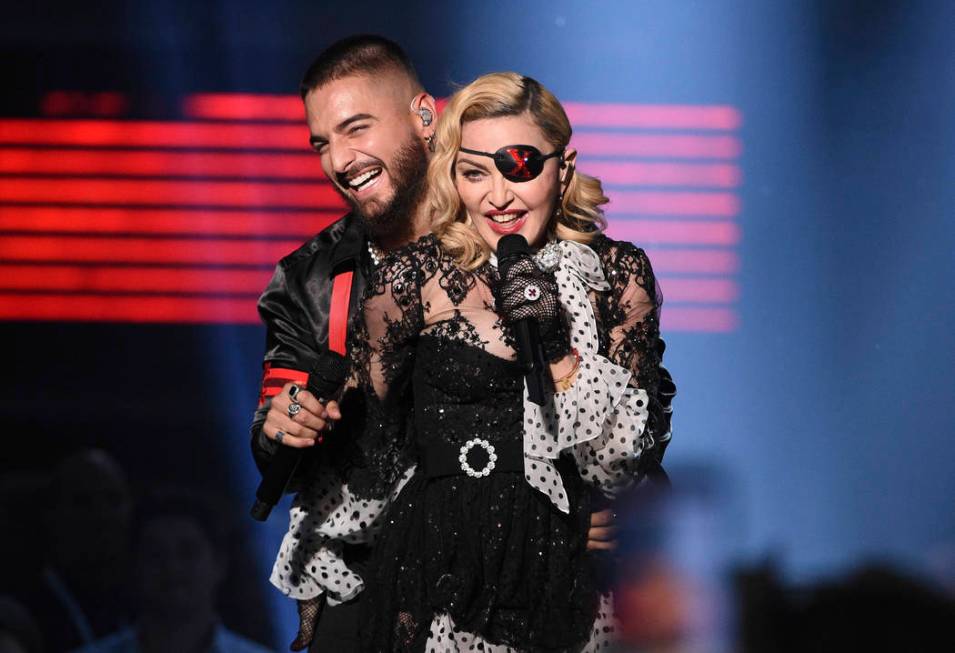 Madonna, shown performing with Maluma on May 1, 2019, at the MGM Grand Garden arena, used an ei ...