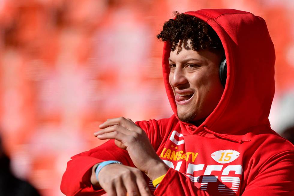 Kansas City Chiefs quarterback Patrick Mahomes before the NFL AFC Championship football game ag ...