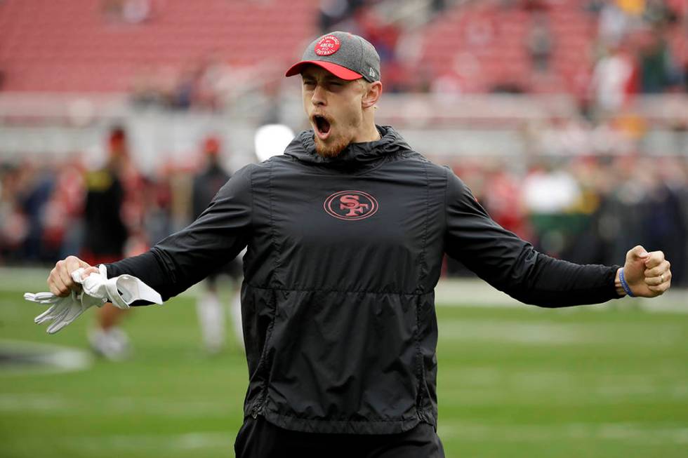 San Francisco 49ers tight end George Kittle arrives for warm ups before the NFL NFC Championshi ...