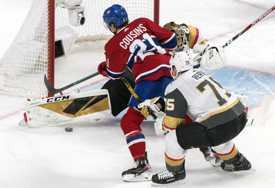 Montreal Canadiens' Nick Cousins (21) scores against Vegas Golden Knights goaltender Marc-Andre ...