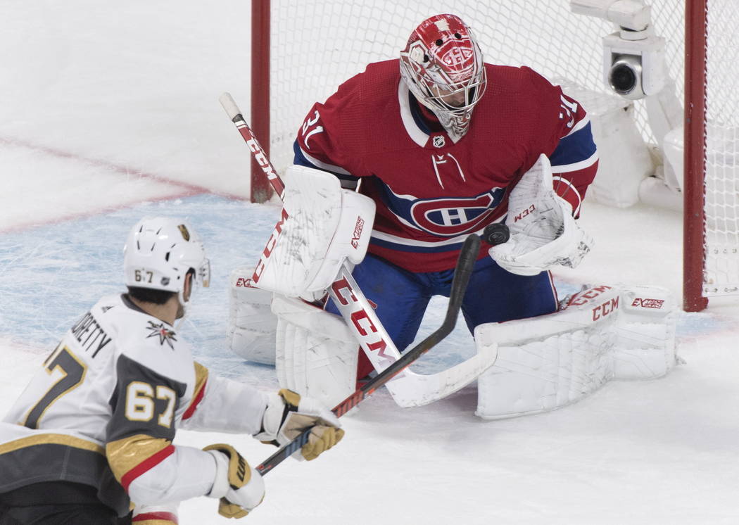 Vegas Golden Knights' Max Pacioretty (67) shoots against Montreal Canadiens goaltender Carey Pr ...