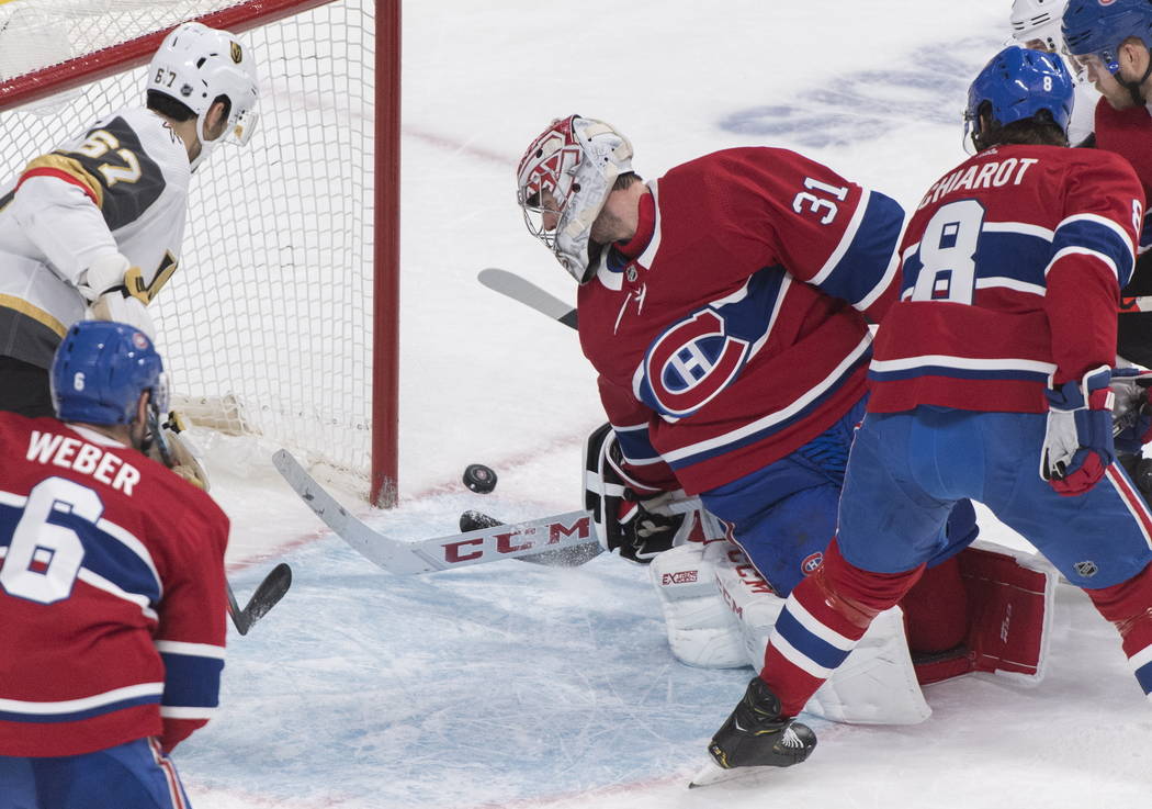 Montreal Canadiens goaltender Carey Price is scored against by Vegas Golden Knights' Paul Stast ...