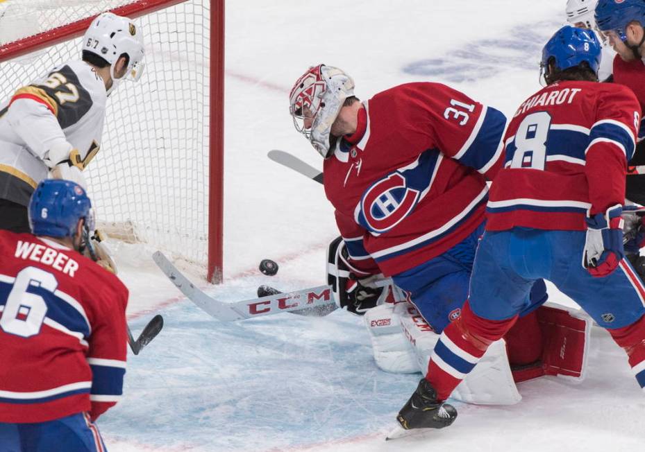 Montreal Canadiens goaltender Carey Price is scored against by Vegas Golden Knights' Paul Stast ...