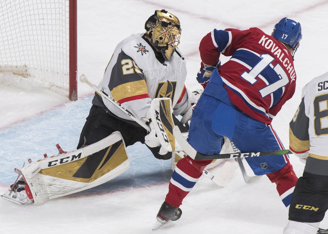 Montreal Canadiens' Ilya Kovalchuk (17) moves in to score against Vegas Golden Knights goaltend ...