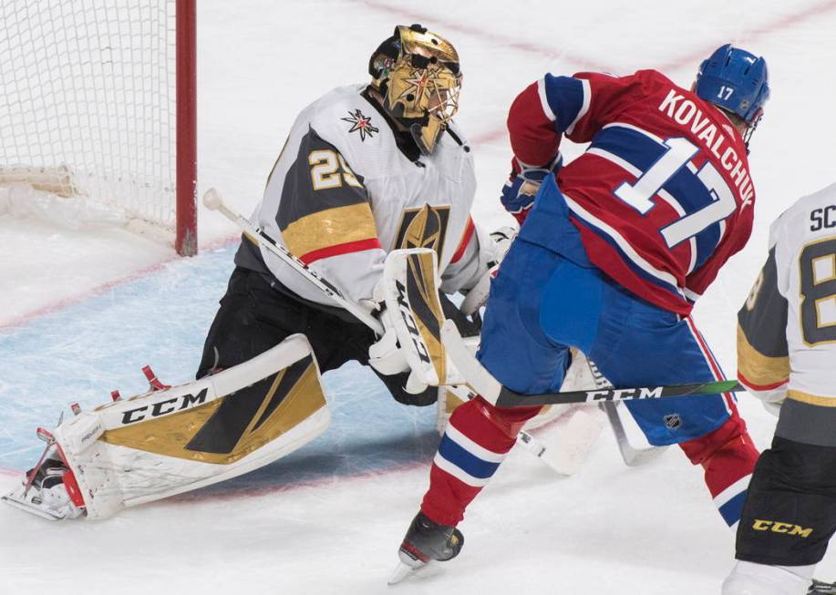 Montreal Canadiens' Ilya Kovalchuk (17) moves in to score against Vegas Golden Knights goaltend ...