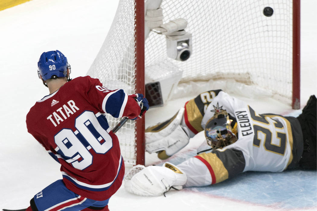 Montreal Canadiens' Tomas Tatar (90) scores against Vegas Golden Knights goaltender Marc-Andre ...