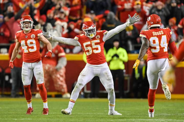 Kansas City Chiefs defensive end Frank Clark (55), Kansas City Chiefs outside linebacker Terrel ...