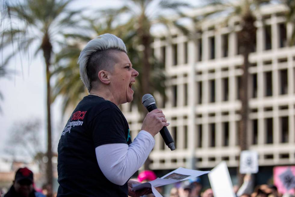 Samara Jenkins, a pastor at University Church in Las Vegas, speaks to the crowd at the Empoweri ...