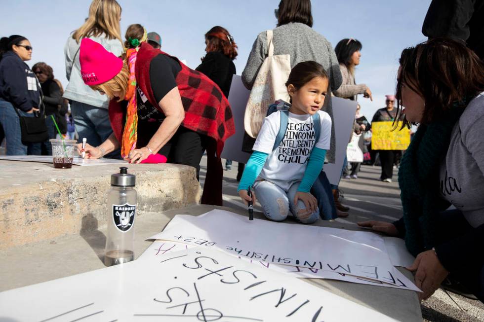 Sofia Hernandez-Bernabei, 5, asks her mom Cristina Hernandez how to spell "feminist" ...