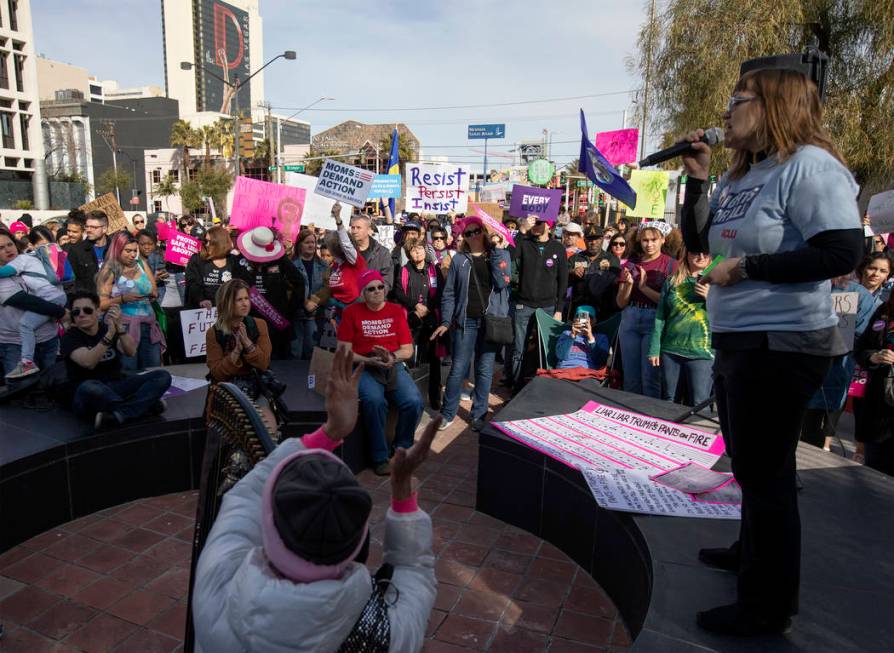 The Empowering Women March 2020 traveled from Llama Lot to outside the Lloyd D. George Courthou ...