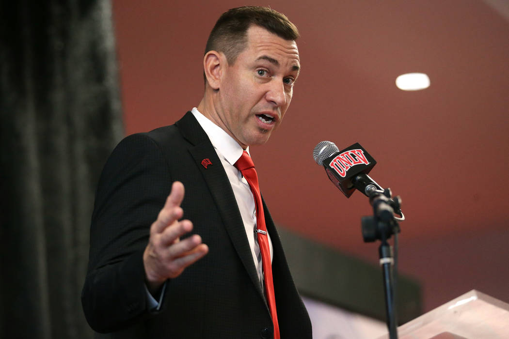 UNLV's new football head coach Marcus Arroyo speaks during a press conference at UNLV's Fertitt ...