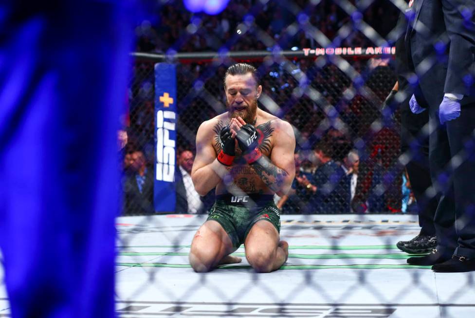 Conor McGregor reacts after defeating Donald "Cowboy" Cerrone via technical knockout ...