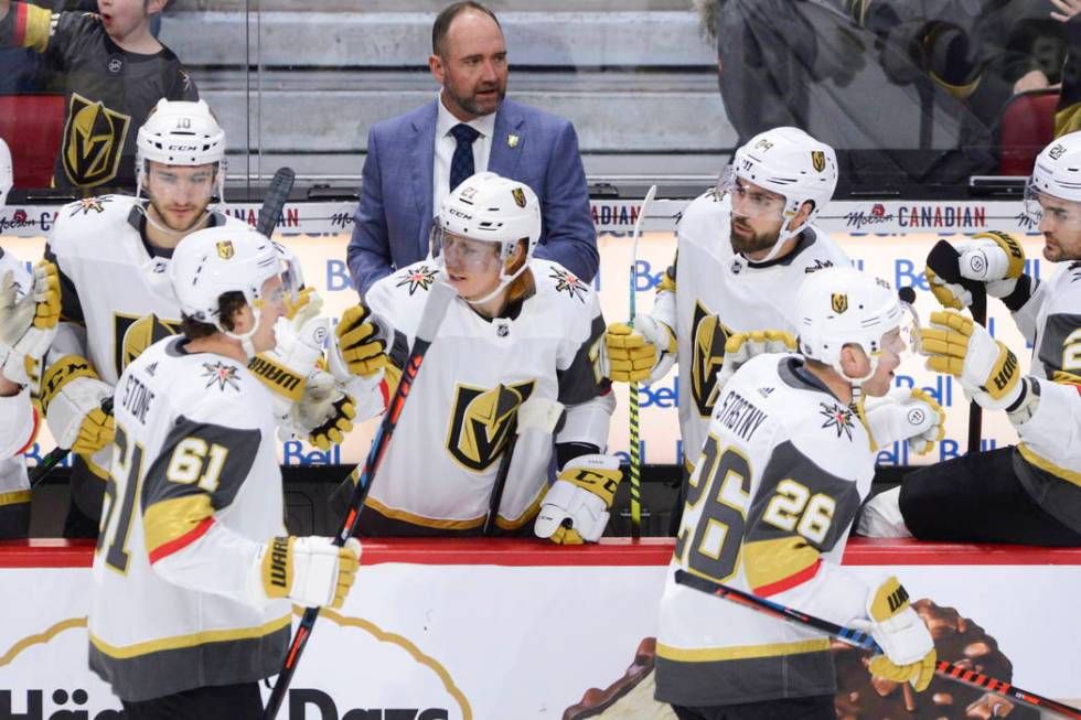 Vegas Golden Knights new head coach Peter DeBoer is seen on the bench as Vegas Golden Knights c ...