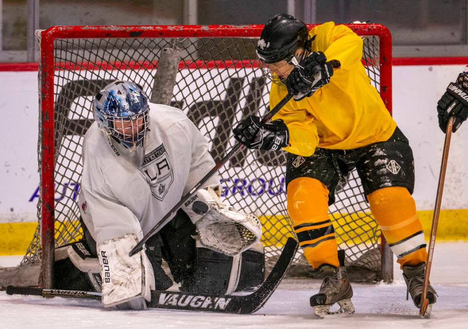 Team Redrum goalie John Hunt, left, deflects the puck while facing the Golden Knights in their ...