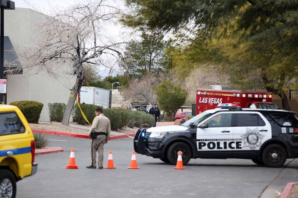 Police close off the the Renaissance Center East shopping complex in Las Vegas on Monday, Jan. ...