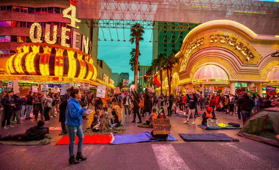 Local activists block Casino Center Blvd. through the Fremont Experience following a rally at t ...