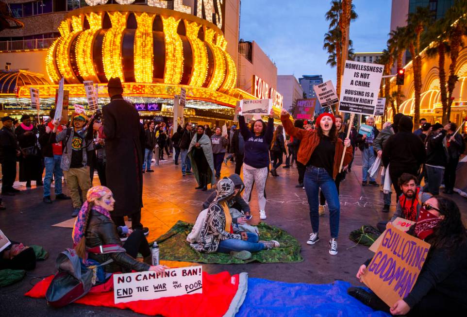 Local activists block Casino Center Blvd. through the Fremont Experience following a rally at t ...