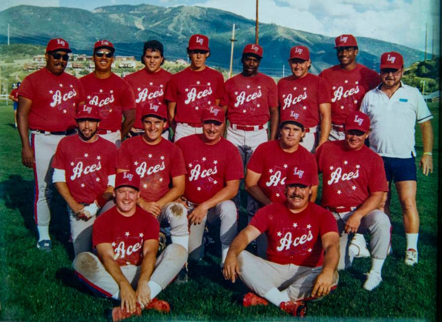 A team photo from 1989 is on display during the Las Vegas Aces slow-pitch softball team 30th re ...