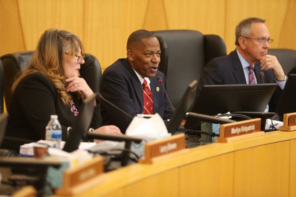 Clark County Commissioner Lawrence Weekly speaks during a board meeting at the Clark County Com ...