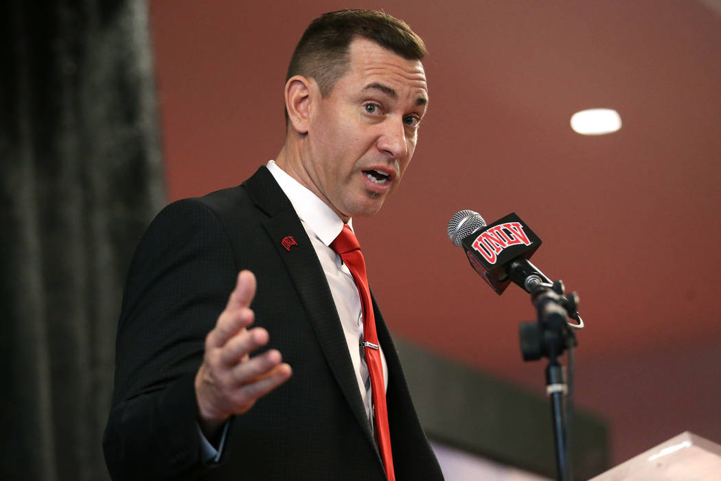 UNLV's new football head coach Marcus Arroyo speaks during a press conference at UNLV's Fertitt ...