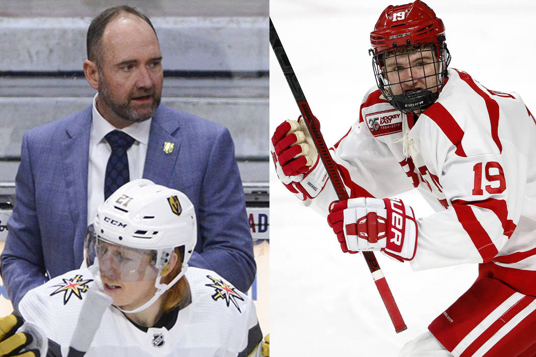 Vegas Golden Knights new head coach Peter DeBoer, left, and his son Boston University forward ...