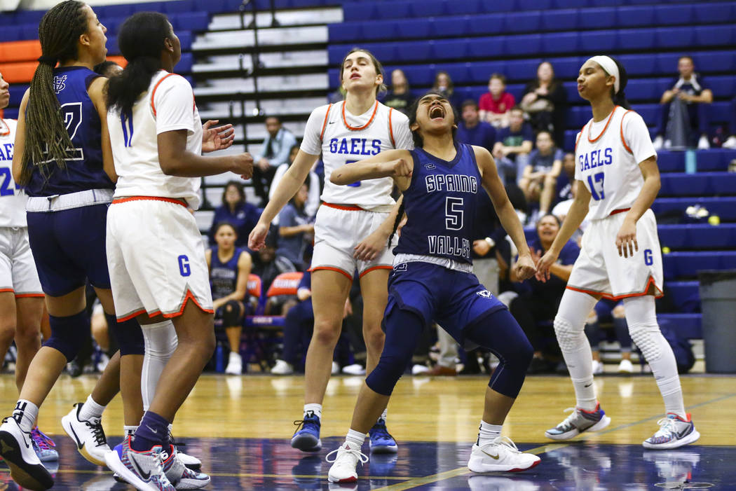 Spring Valley's Chelsea Camara (5) celebrates after scoring against Bishop Gorman during the se ...