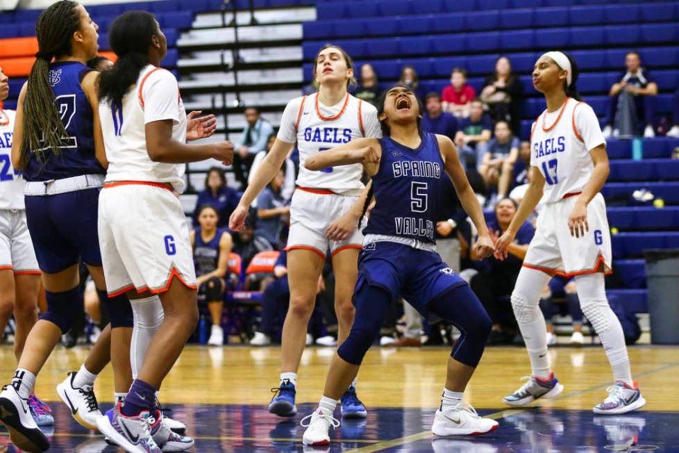 Spring Valley's Chelsea Camara (5) celebrates after scoring against Bishop Gorman during the se ...