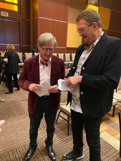 Mac King and Penn JIllette are shown at the honorary roast of King during the Society of Americ ...