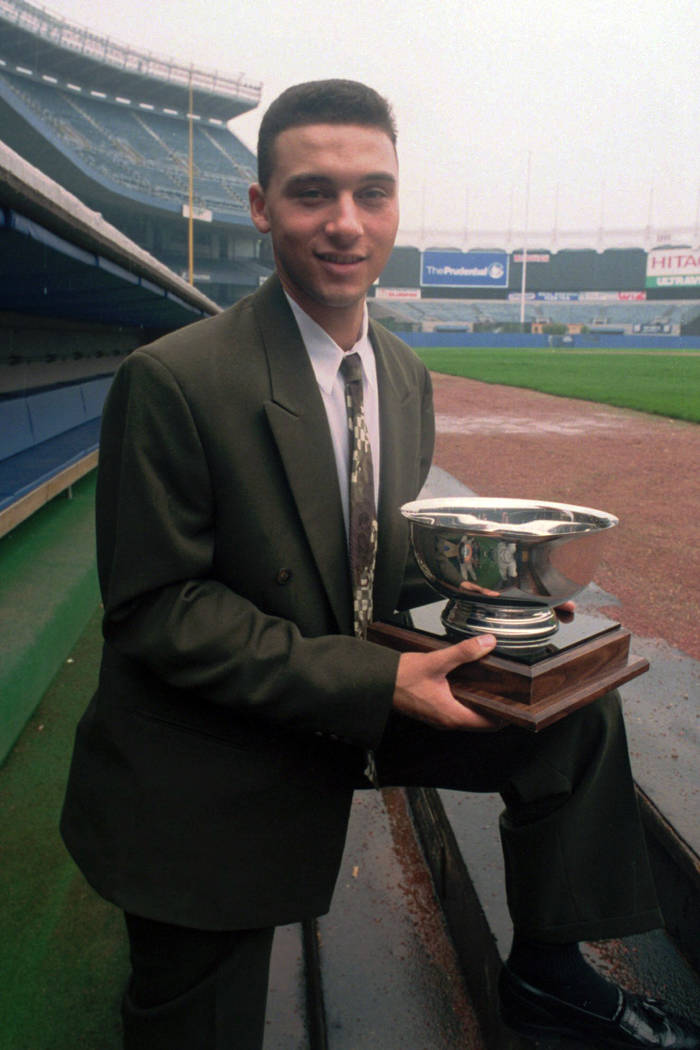 FILE - In this Sept. 14, 1994, file photo, New York Yankees prospect Derek Jeter poses on the d ...