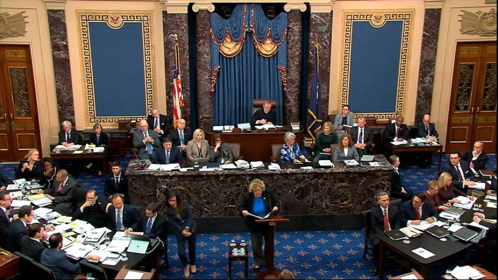 In this image from video, impeachment manager Rep. Zoe Lofgren, D-Calif., speaks in support of ...