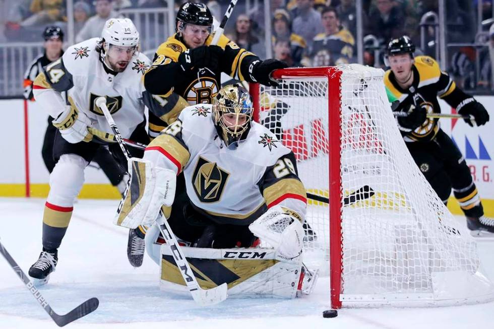 Vegas Golden Knights goaltender Marc-Andre Fleury (29) watches the puck slide near the post as ...