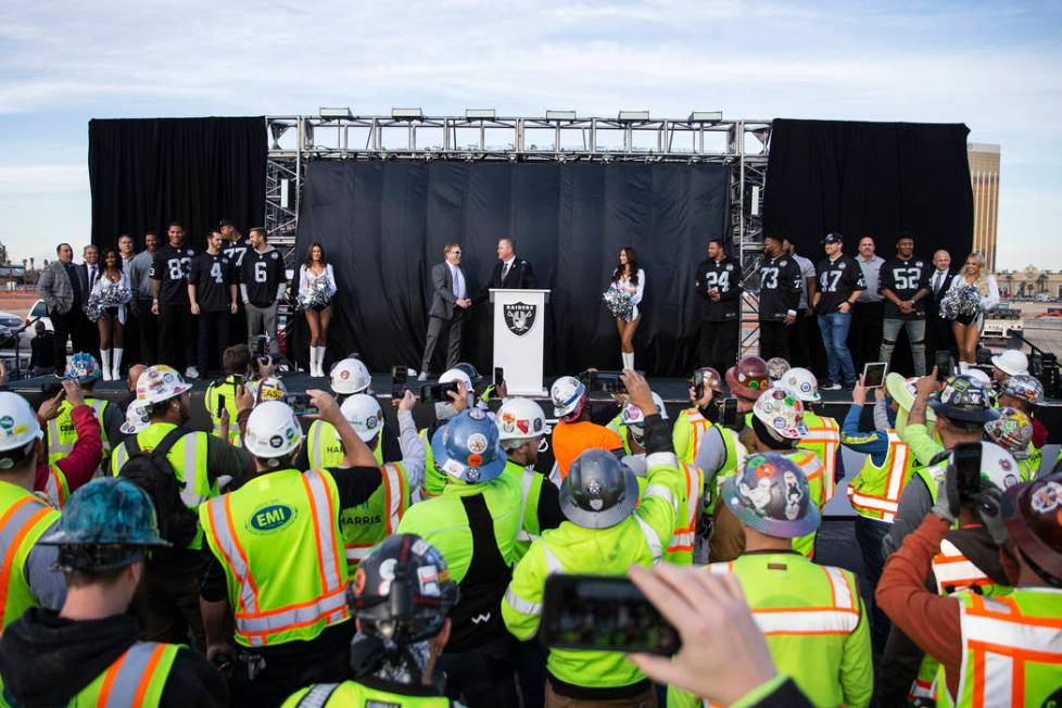 Raiders owner Mark Davis is introduced during a special announcement at the Allegiant Stadium ...